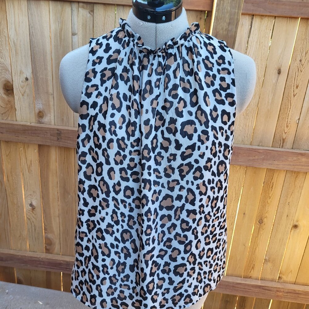 LOFT women's animal print sleeveless flowy back tie neck top size small